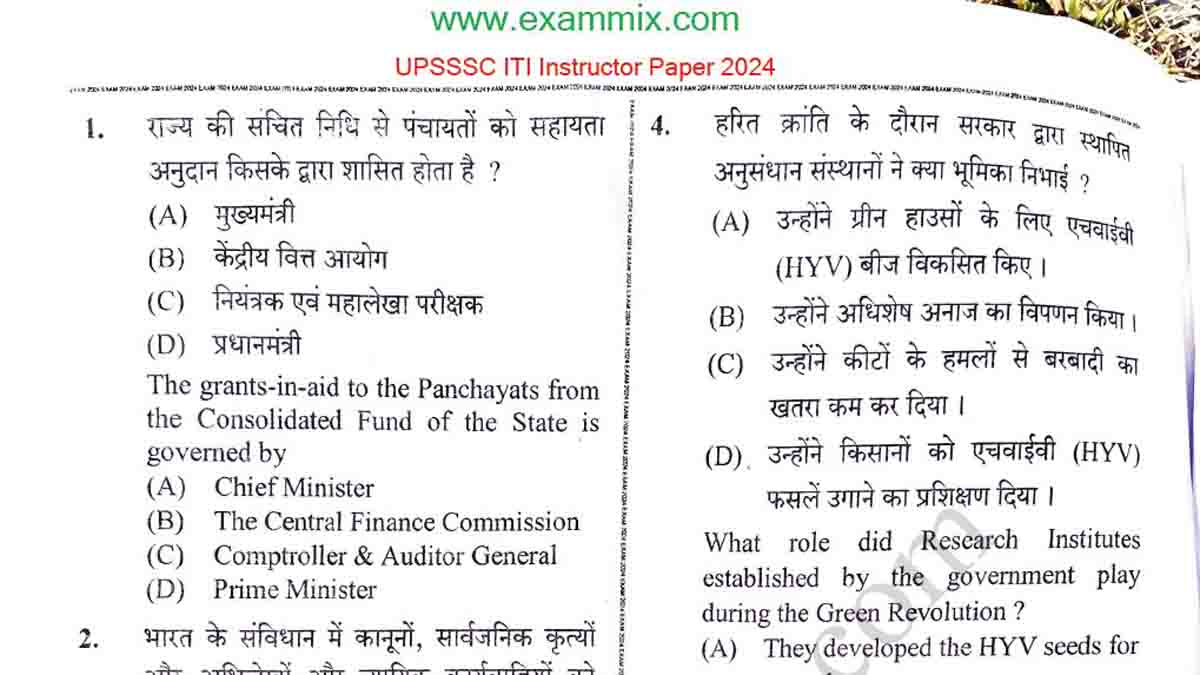 UPSSSC ITI Instructor Question Paper 2024 PDF In Hindi English