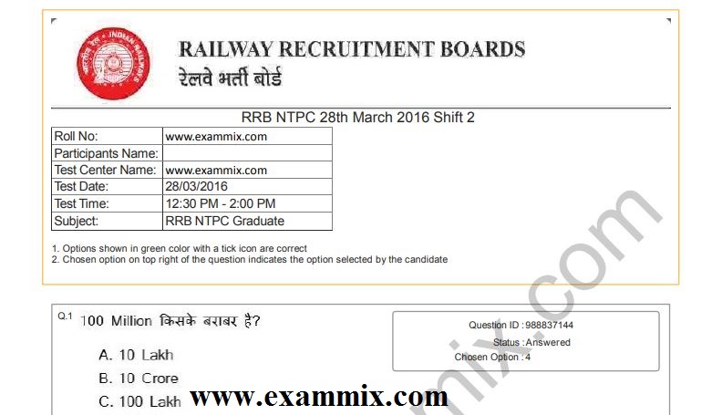 RRB NTPC CBT-1 Previous Year Question Paper PDF In Hindi All