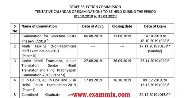 SSC Exam Calendar 2019-2021 PDF Download