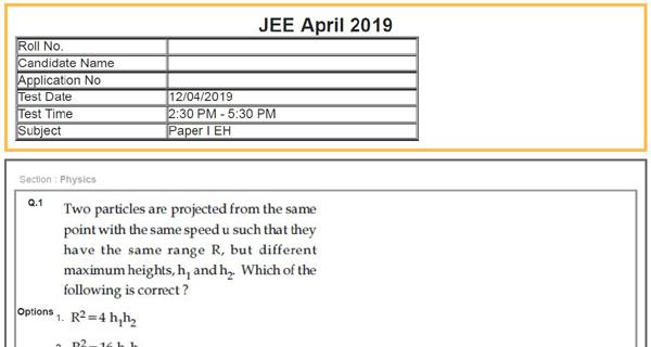 JEE Main 2019 Question Paper With Answer Key PDF Download