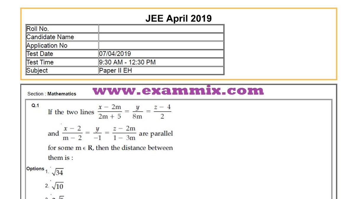 JEE Main 2019 Question Paper With Answer Key PDF Download